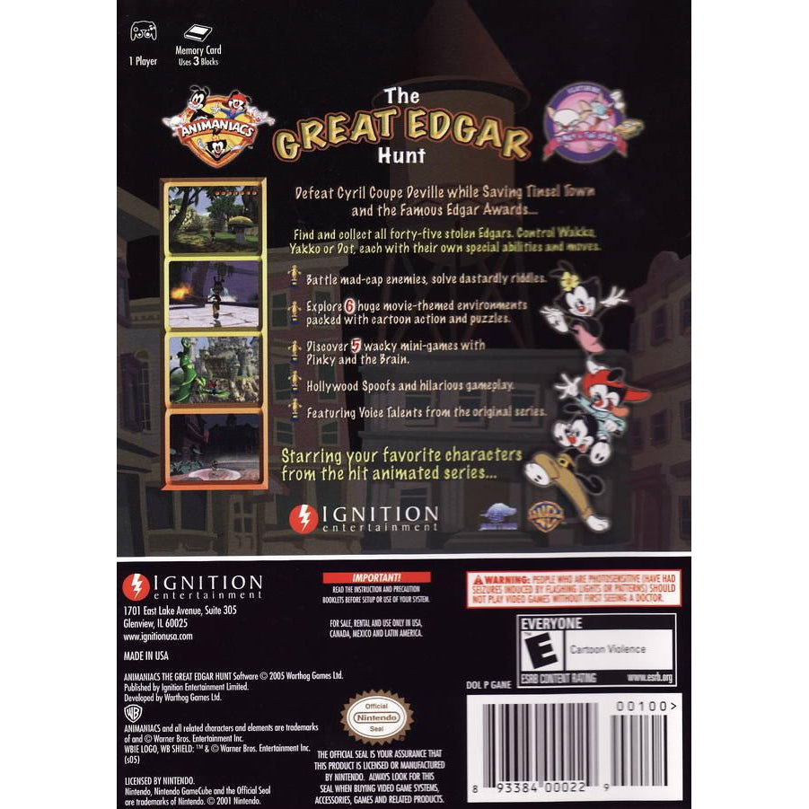 Animaniacs: The Great Edgar Hunt - Nintendo GameCube Game Complete - YourGamingShop.com - Buy, Sell, Trade Video Games Online. 120 Day Warranty. Satisfaction Guaranteed.