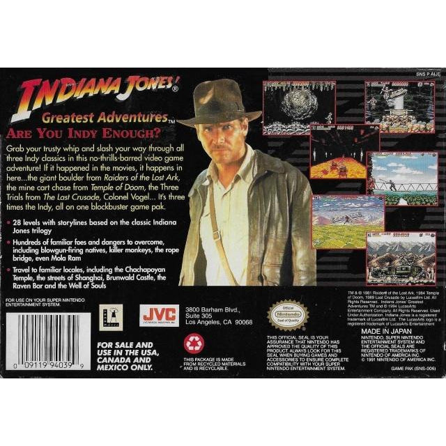 Indiana Jones' Greatest Adventures - Super Nintendo (SNES) Game Cartridge - YourGamingShop.com - Buy, Sell, Trade Video Games Online. 120 Day Warranty. Satisfaction Guaranteed.