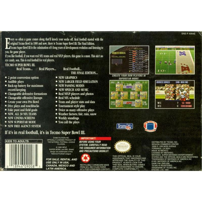 Tecmo Super Bowl III - Super Nintendo (SNES) Game Cartridge - YourGamingShop.com - Buy, Sell, Trade Video Games Online. 120 Day Warranty. Satisfaction Guaranteed.