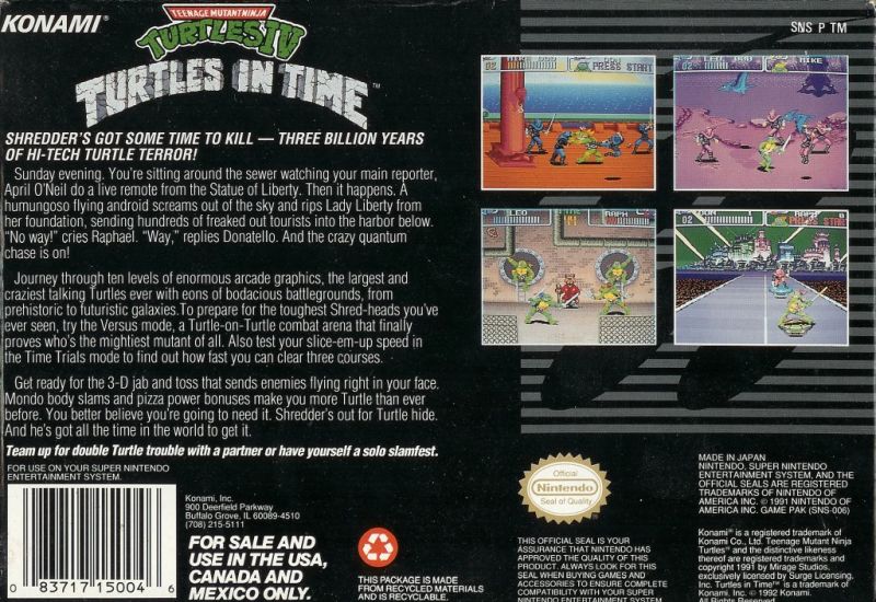 Teenage Mutant Ninja Turtles IV: Turtles in Time - Super Nintendo (SNES) Game Cartridge