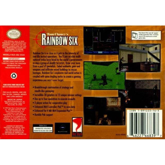 Tom Clancy's Rainbow Six - Authentic Nintendo 64 (N64) Game Cartridge - YourGamingShop.com - Buy, Sell, Trade Video Games Online. 120 Day Warranty. Satisfaction Guaranteed.