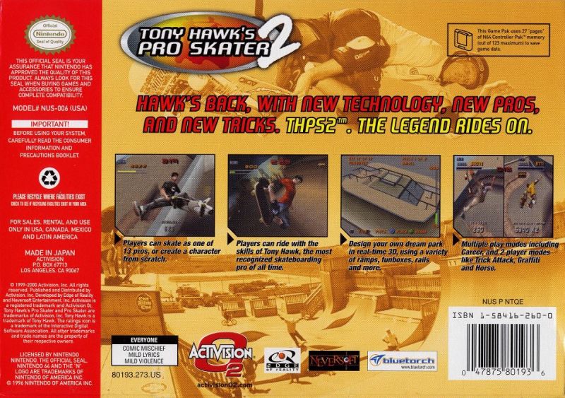 Tony Hawk's Pro Skater 2 - Authentic Nintendo 64 (N64) Game Cartridge