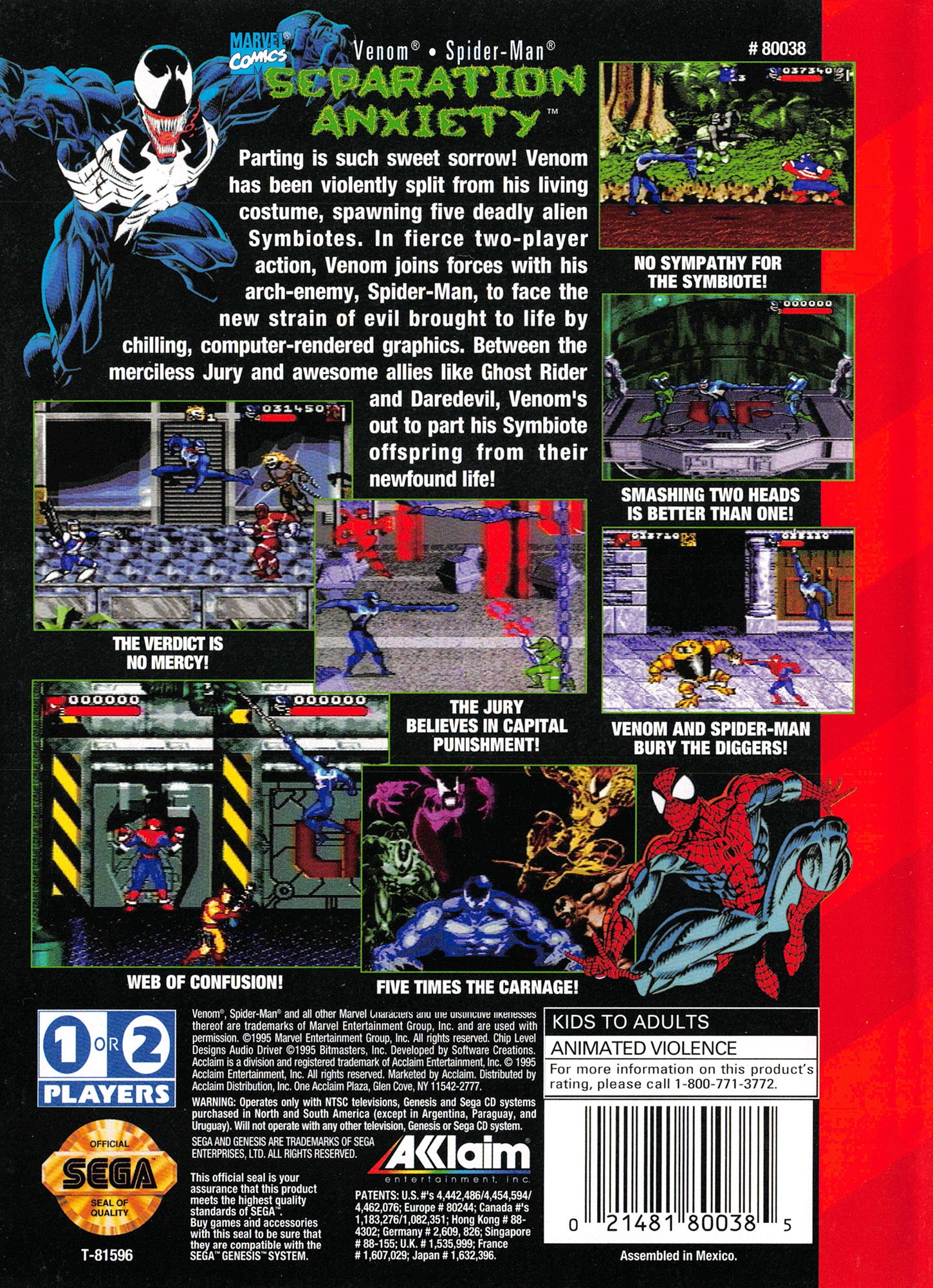 Venom/Spider-Man: Separation Anxiety - Sega Genesis Game